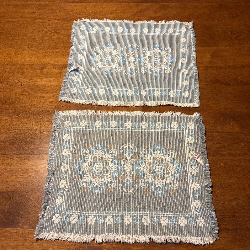 Vintage Austrian placemats cotton linen cream blue fringe set of 2 embroidered